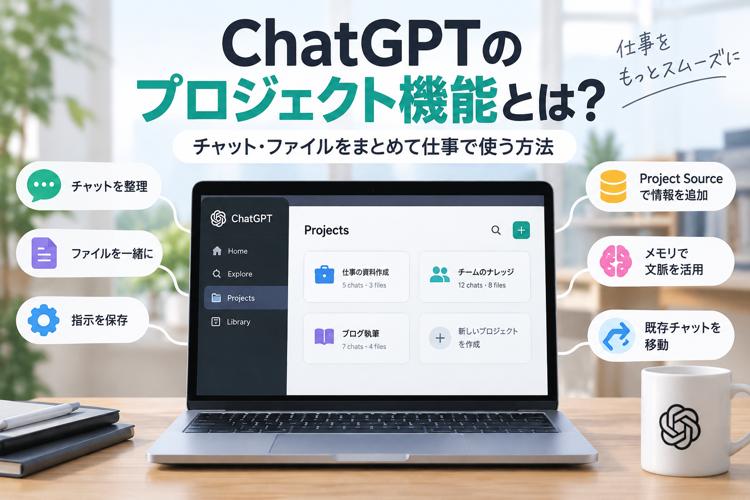 ChatGPTのプロジェクト機能でチャット・ファイル・指示をまとめて仕事に使うイメージ