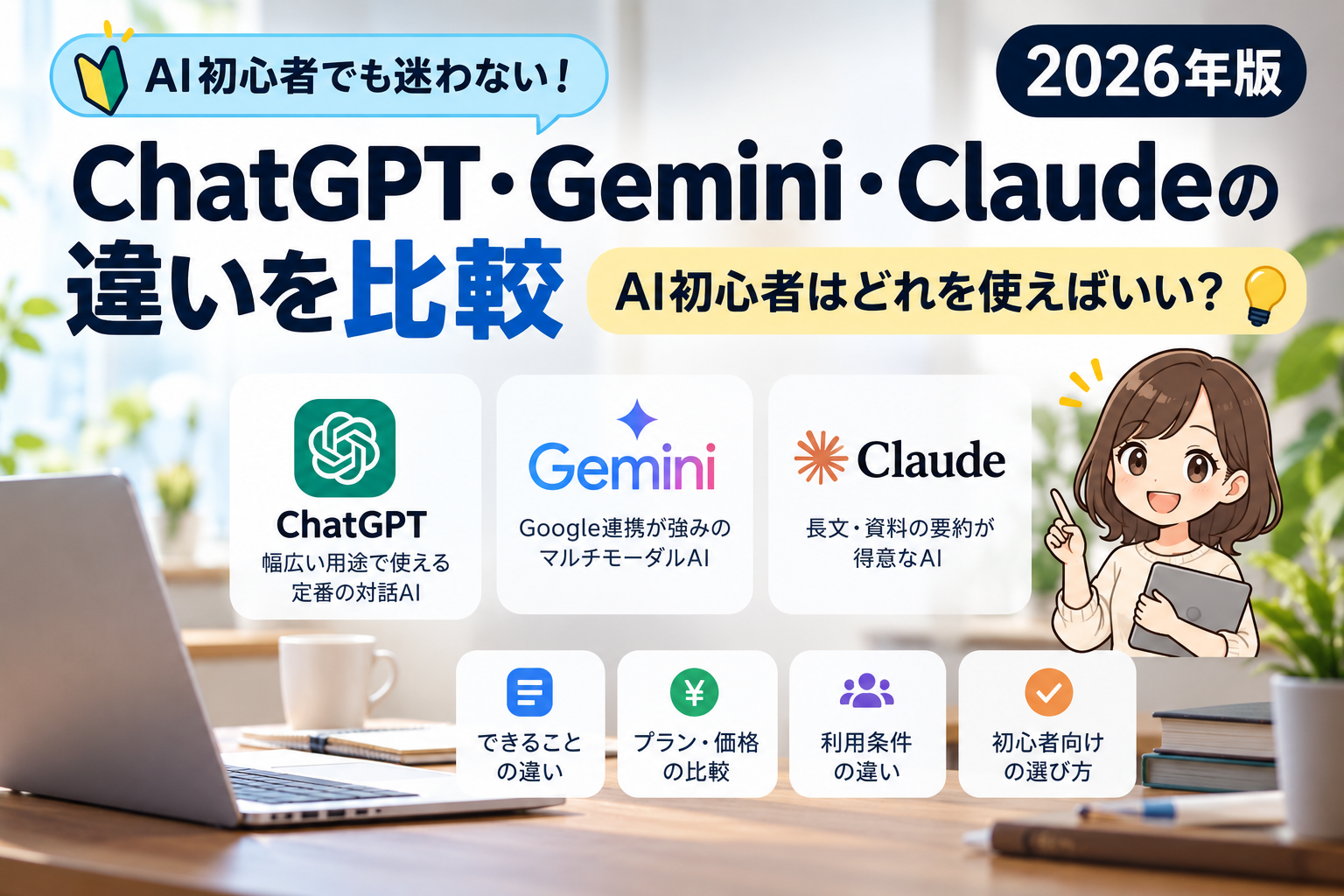 ChatGPT・Gemini・Claudeの違いを比較する2026年版初心者向けガイド